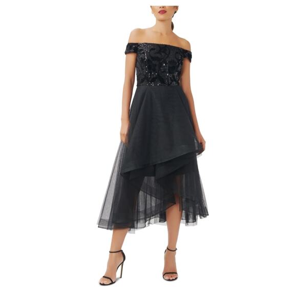 Adrianna Papell Dresses & Skirts - Adrianna Papell Sequined Velvet and Tulle High Low Cocktail Dress Black Size 6